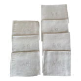 7 antique damask napkins with horse monogram decoration AR - Antique french linen