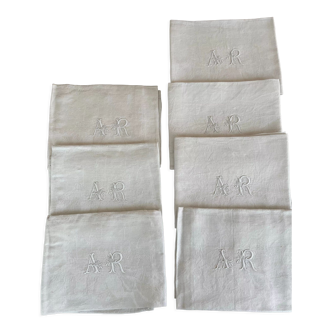 7 antique damask napkins with horse monogram decoration AR - Antique french linen
