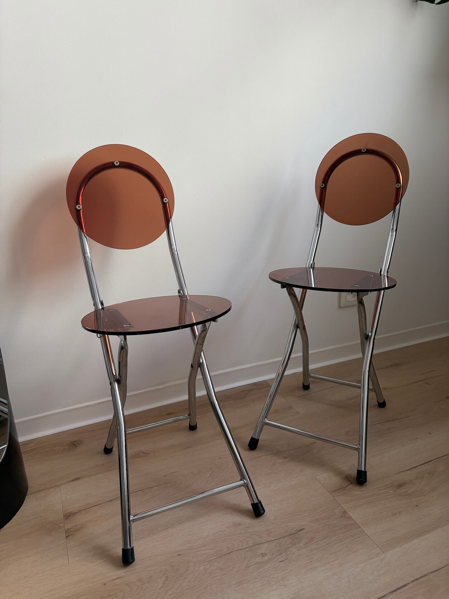 2 folding chairs Space Age plexiglass/steel round back/seat 1980s