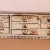 Antique 9-drawer workshop cabinet in Burmese teak with original ecru patina