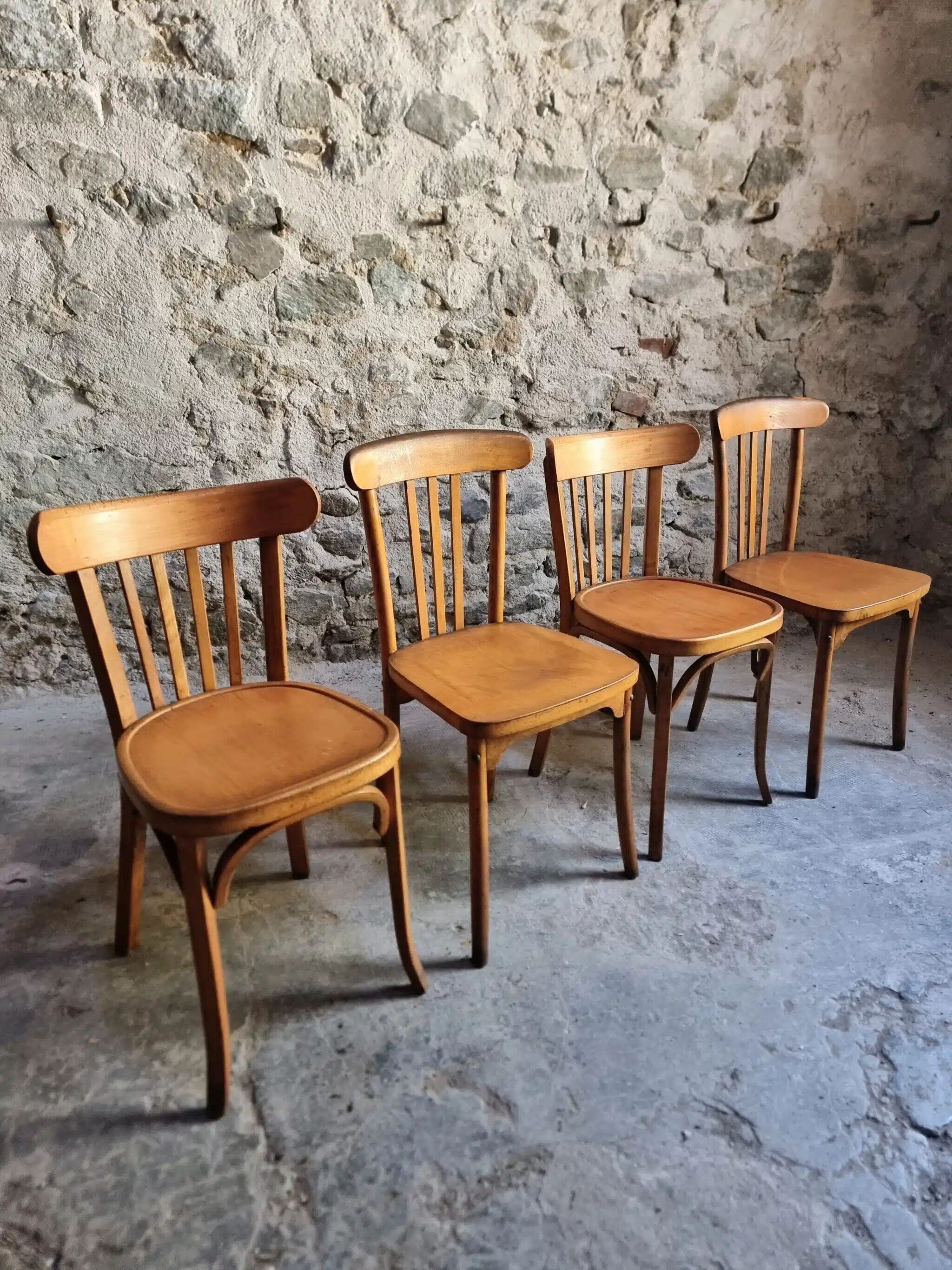 Ensemble vintage de 4 chaises bistrot françaises par Baumann & Luterma, bois de hêtre, années 1950