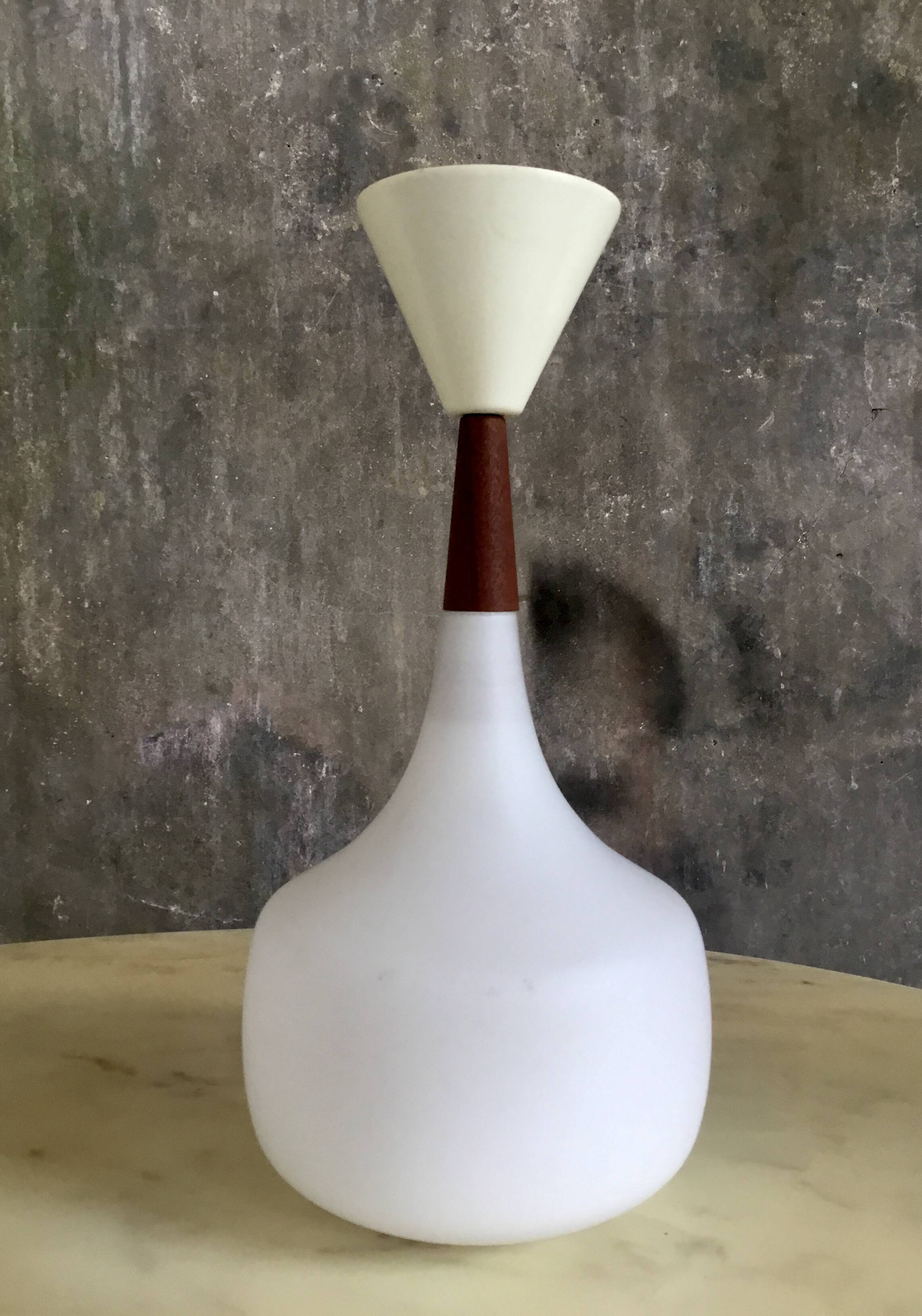 Scandinavian pendant light in opaline and teak - vintage 1960