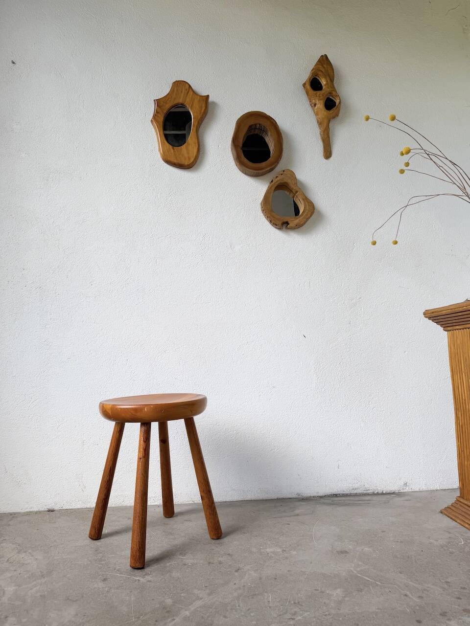 Pine stool assigned to Charlotte Perriand for Les Arcs.