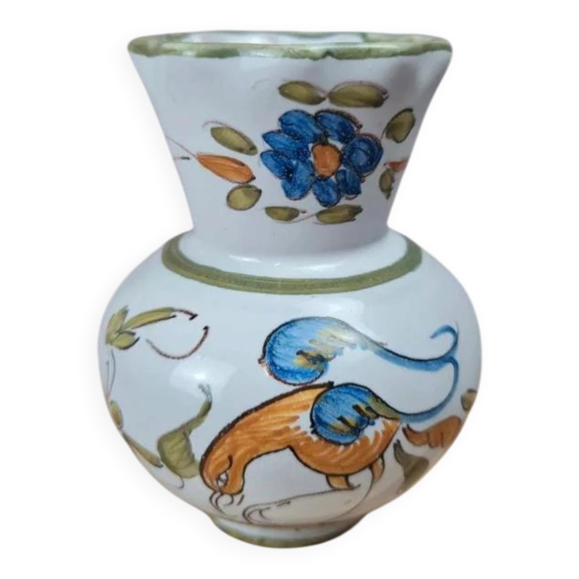 Hand-painted earthenware vase – floral and bird decoration – signed
