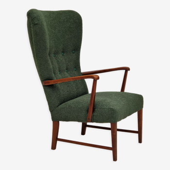 Fauteuil à dossier haut restauré, tissu vert bouteille 1960