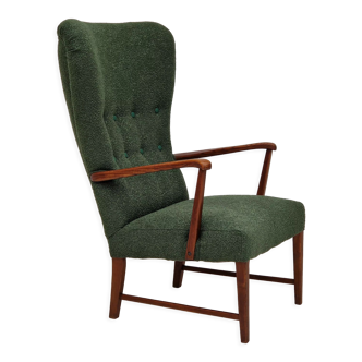 Danish design, restored high-back armchair, bottle green fabric 1960