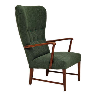 Fauteuil à dossier haut restauré, tissu vert bouteille 1960