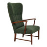 Danish design, restored high-back armchair, bottle green fabric 1960