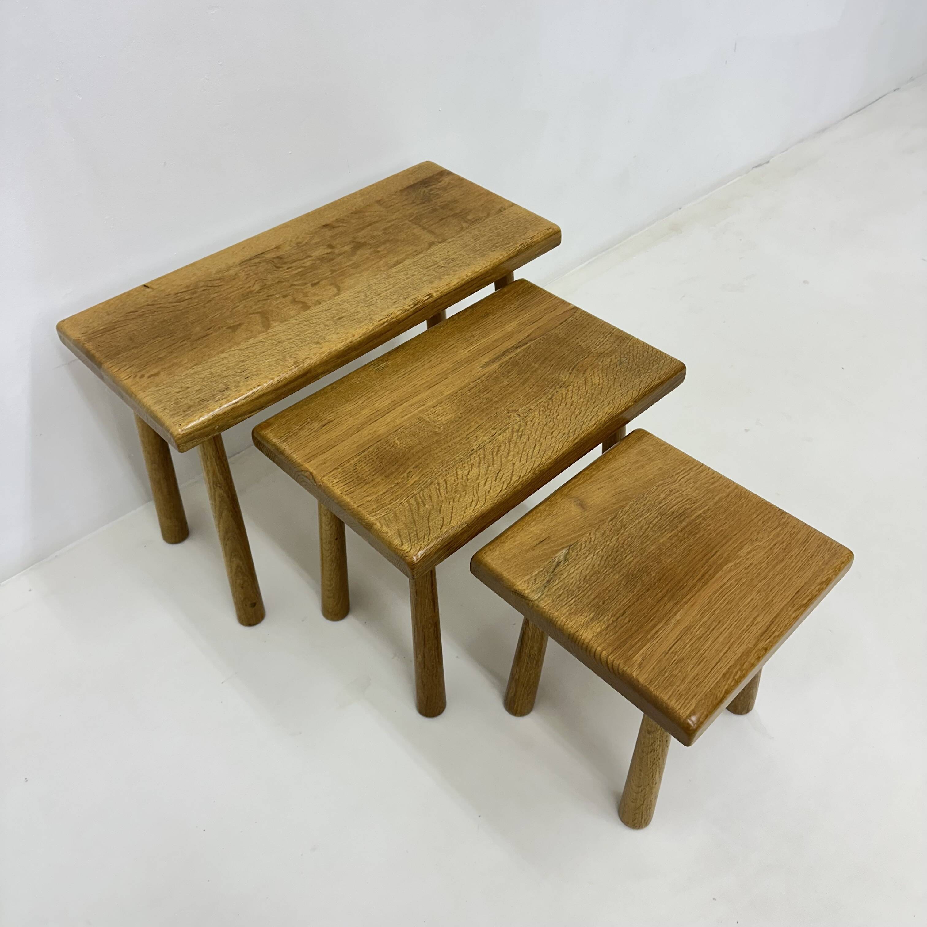 Set of nesting tables solid oak wood brutalist , 1970s