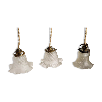 Set of 3 hangings lamp tulips in art nouveau glass paste