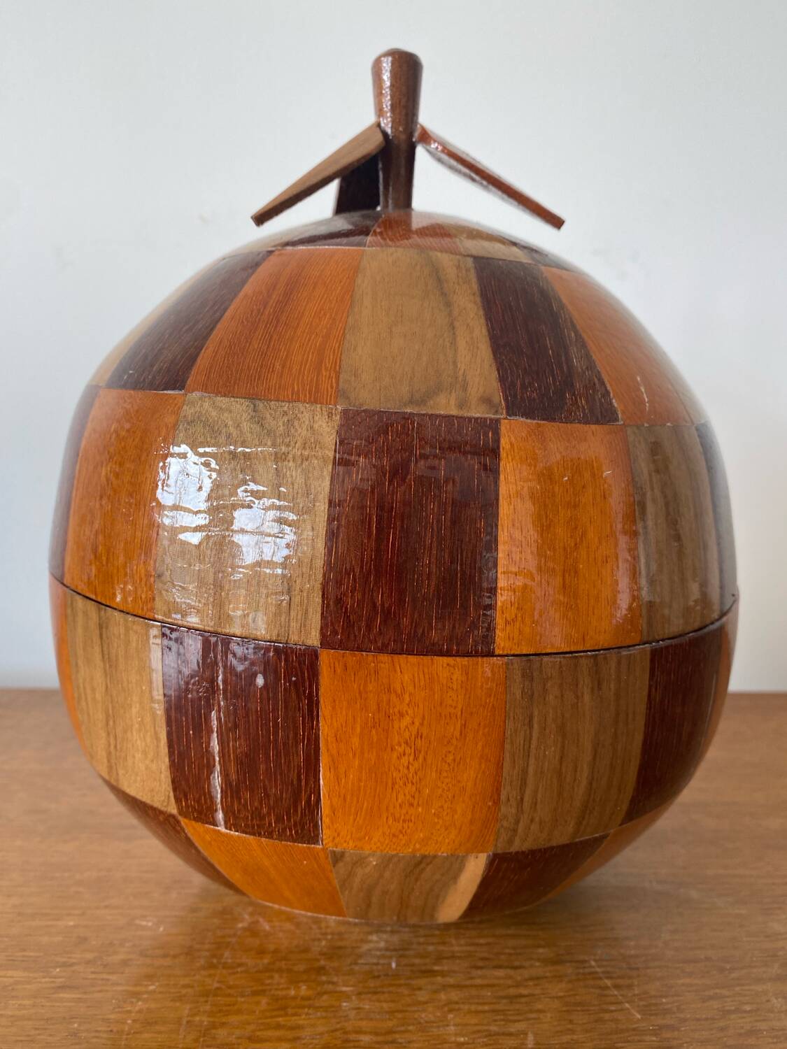 Antique Coconut Ice Bucket Wood Marquetry 1950s Vintage