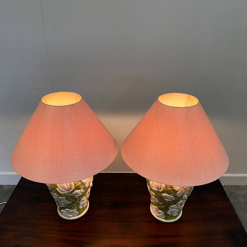 Pair of large vintage ceramic table lamps with 3D floral design, 1970s