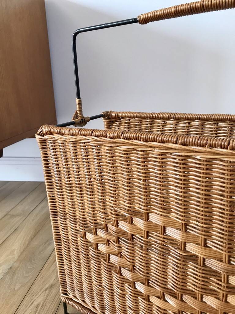 large wicker / rattan and black iron magazine rack from the 70s