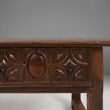 Table console espagnole ancienne en bois de chêne, avec 2 grands tiroirs du 18ème siècle.