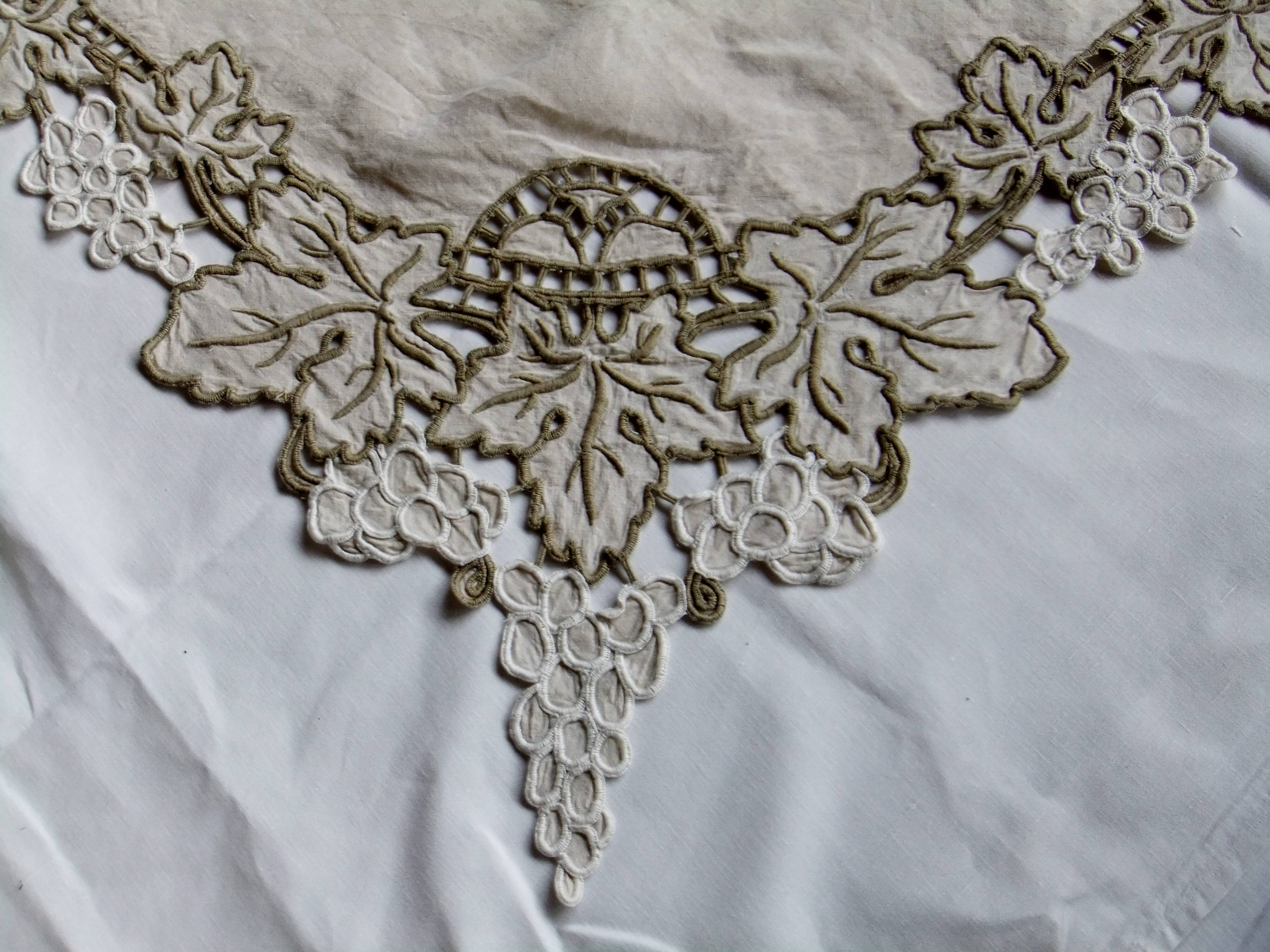 Antique linen tablecloth embroidery Richelieu scalloped linen centerpiece 128 cm