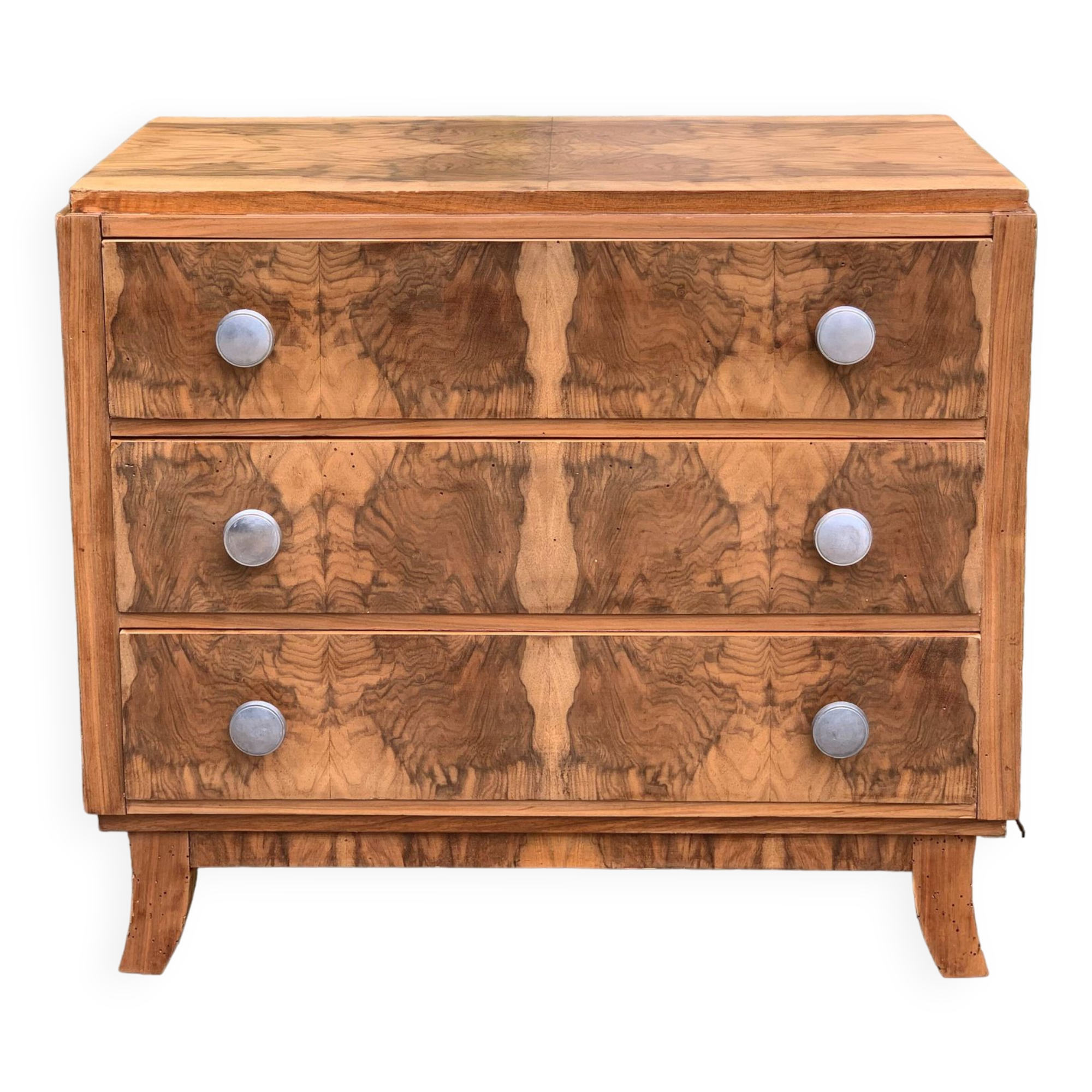 Art Deco chest of drawers in raw walnut burl