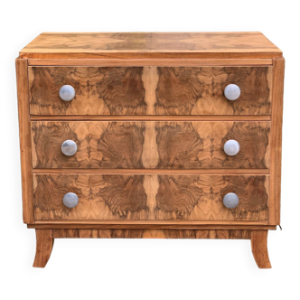 Art Deco chest of drawers in raw walnut burl