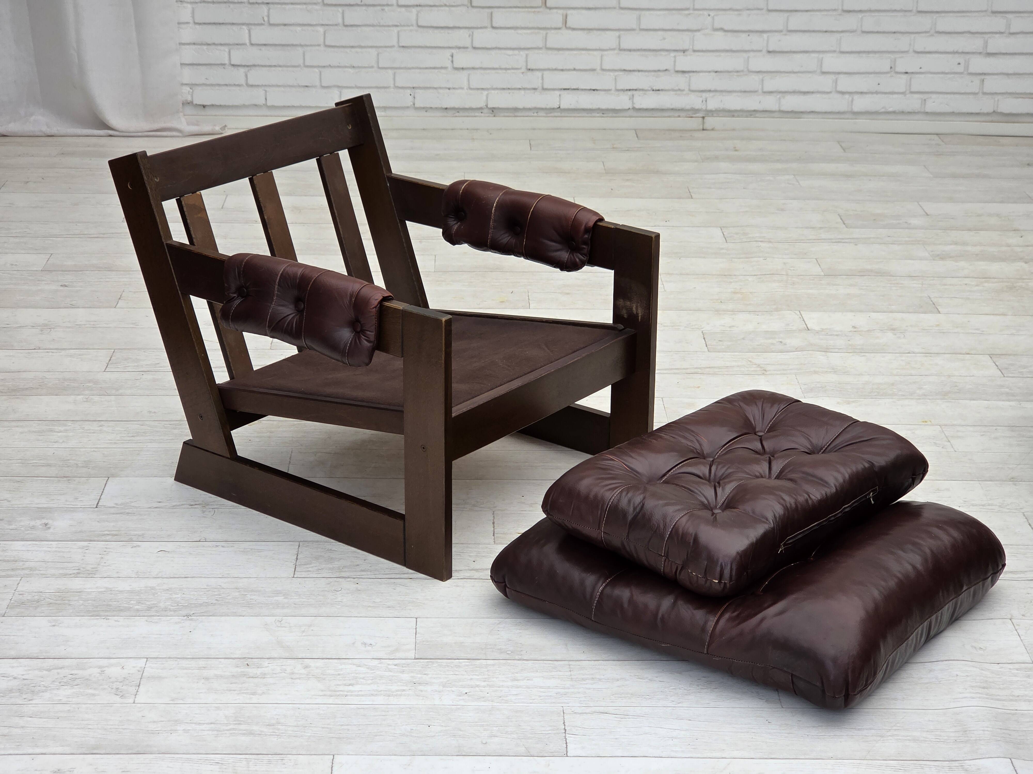 1970s, Scandinavian armchair, brown furniture leather, dark beech wood.