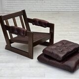 1970s, Scandinavian armchair, brown furniture leather, dark beech wood.