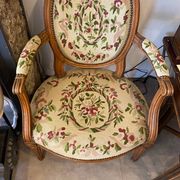 Louis XVI style medallion armchair with floral needlepoint tapestry