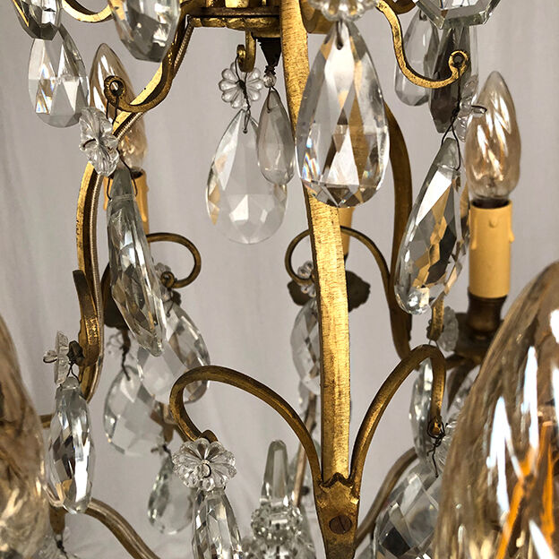 Gilded brass cage chandelier and glass tassels