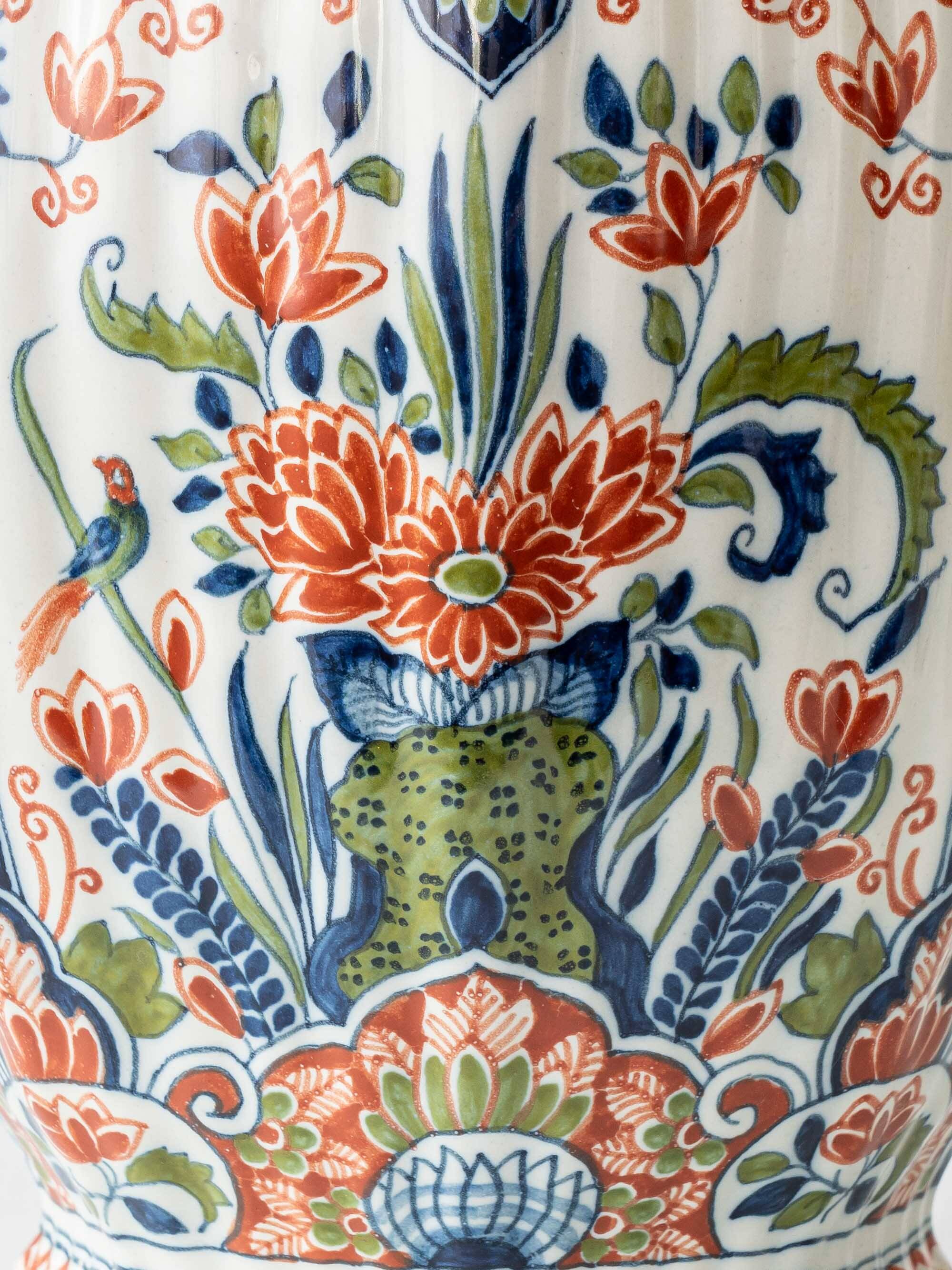 Dutch Delft Hand-Painted Ceramic Table Lamp, Makkum Polychrome, New Velvet Shade