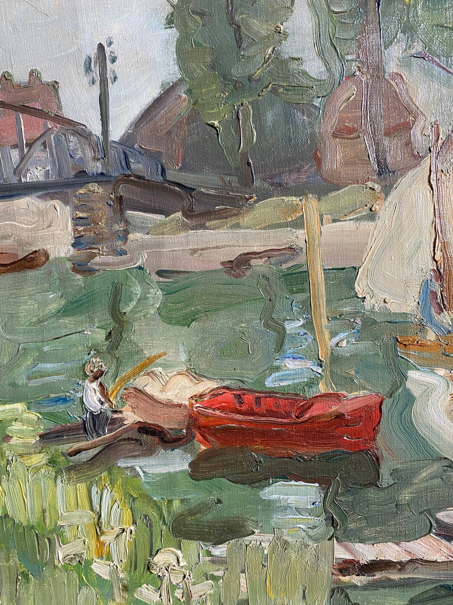 Post-impressionist table "riverside sailing" HST Seine edge