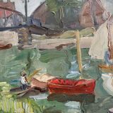 Post-impressionist table "riverside sailing" HST Seine edge