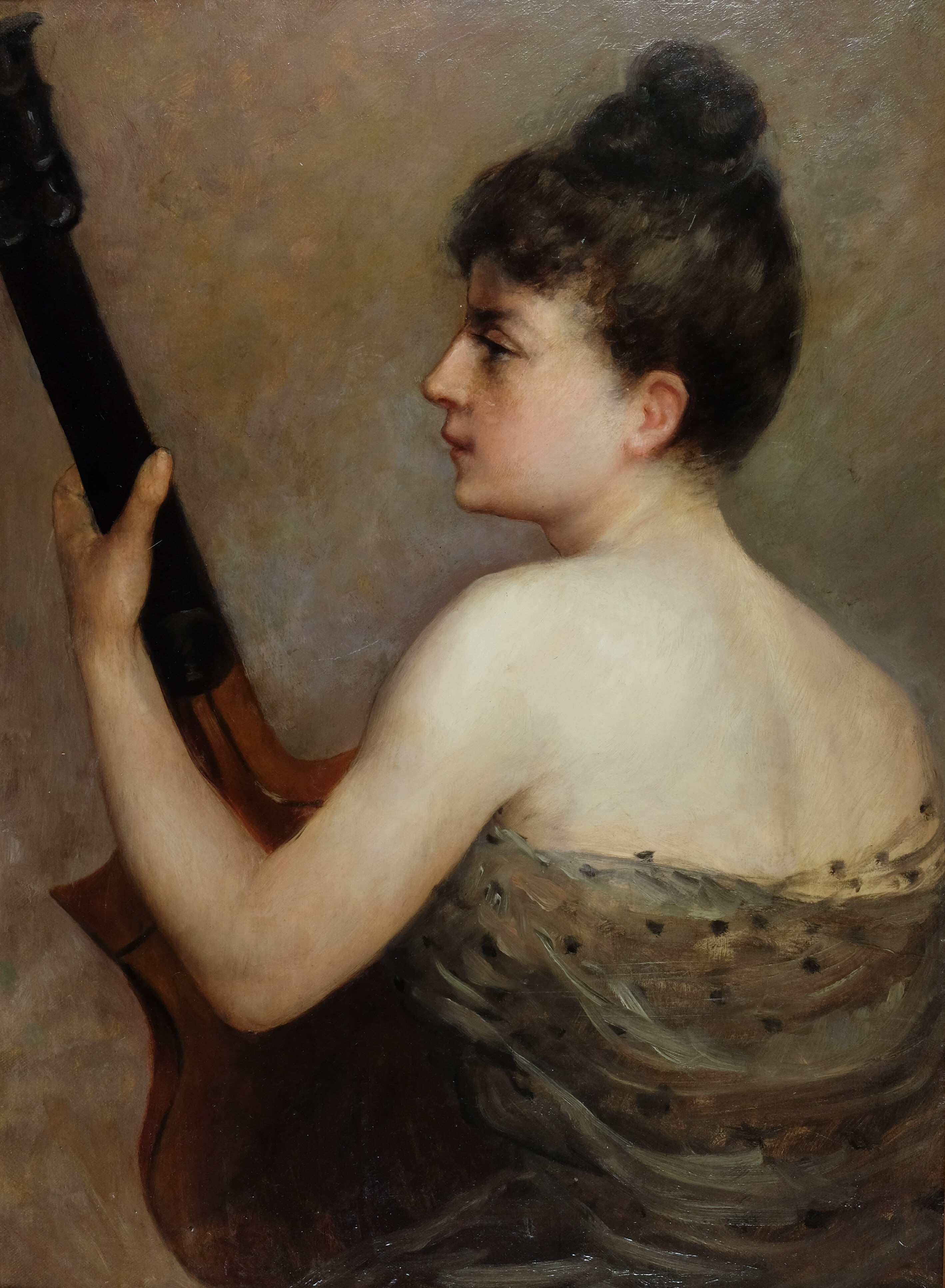 Painting old 19th, profile woman playing the guitar Vissenaire