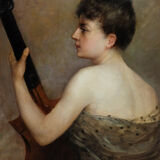 Painting old 19th, profile woman playing the guitar Vissenaire