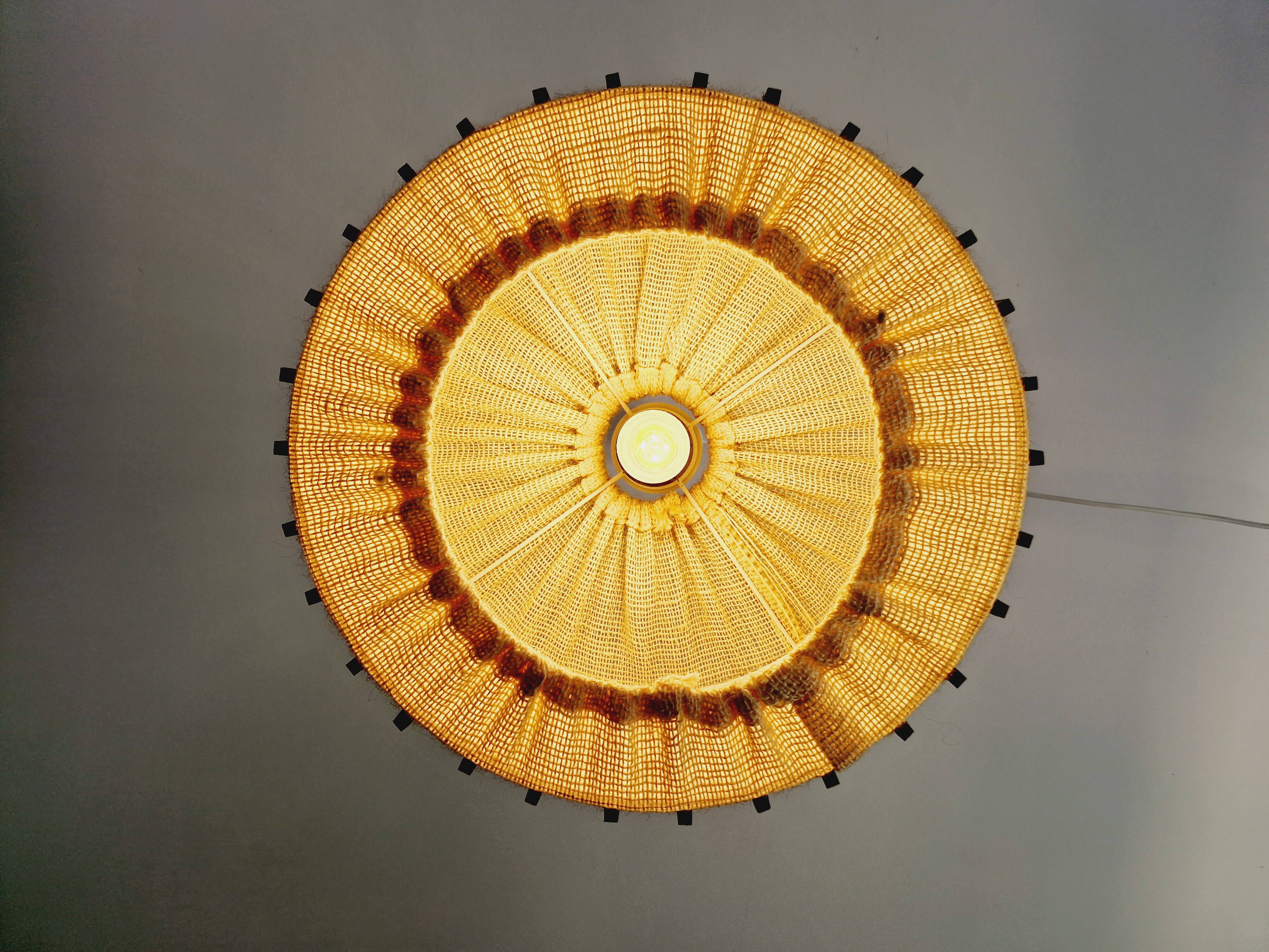 Scandinavian pendant lamp in teak and burlap, 60s