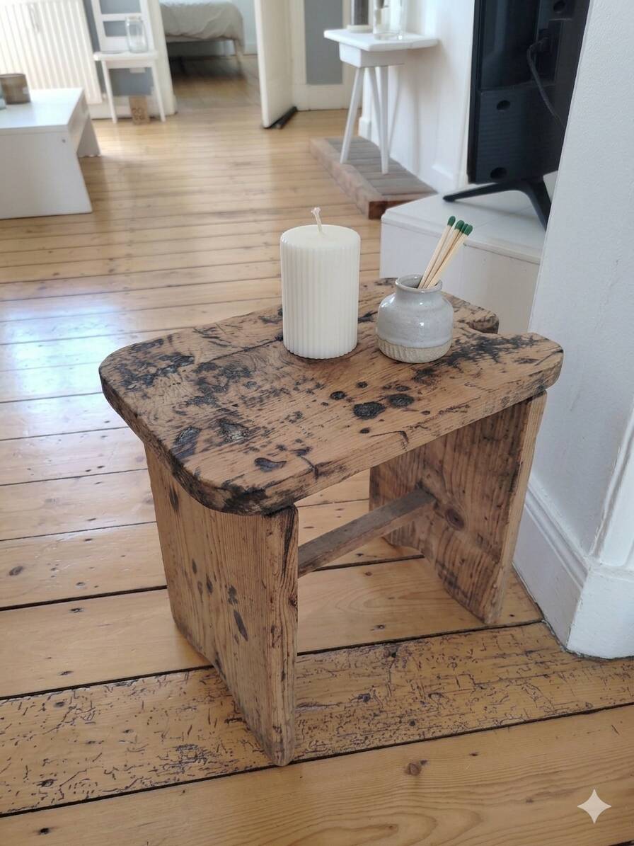 Authentic antique milking stool in solid wood – Rustic charm & ro