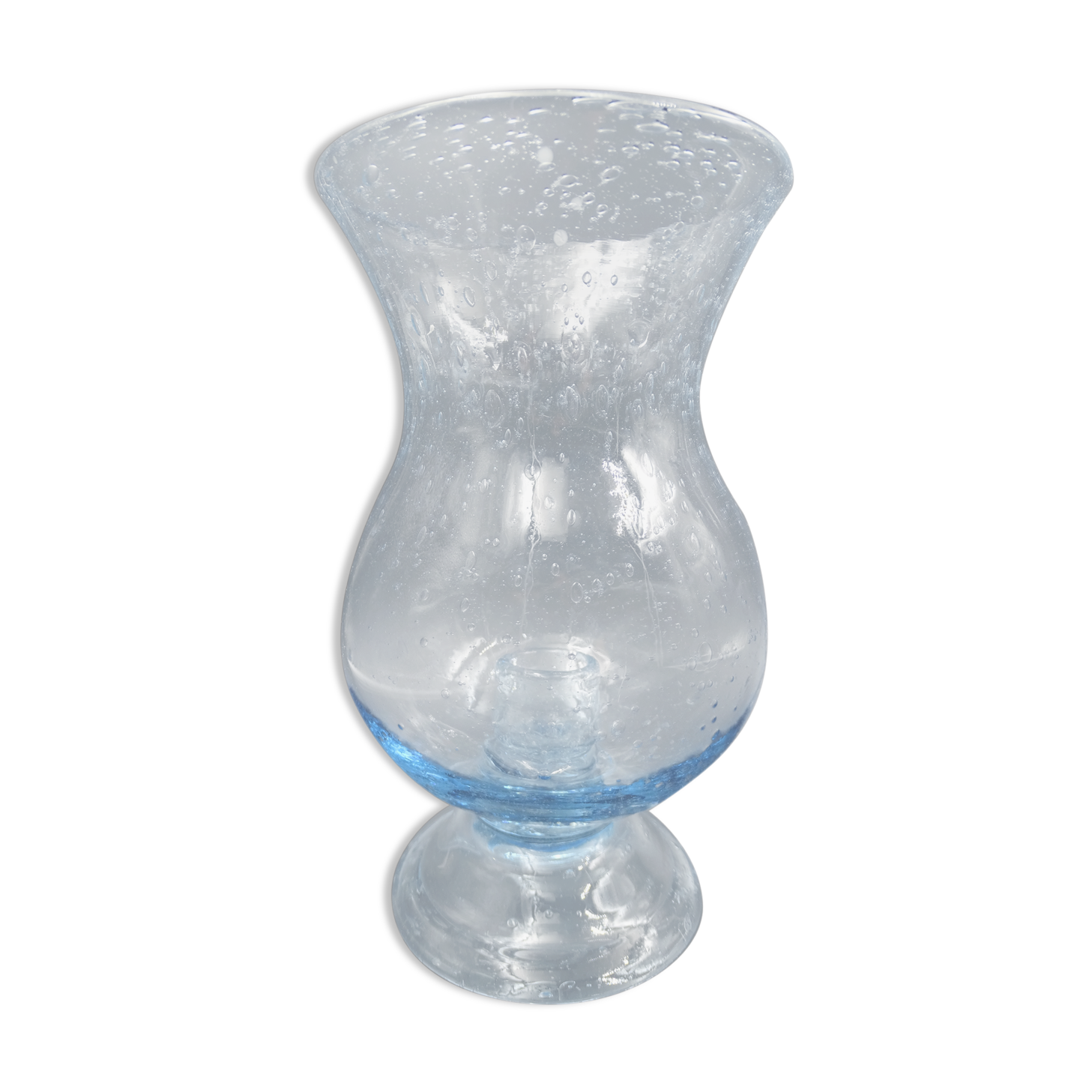 Candlestick or photophore in sky blue bulled glass, signed Biot