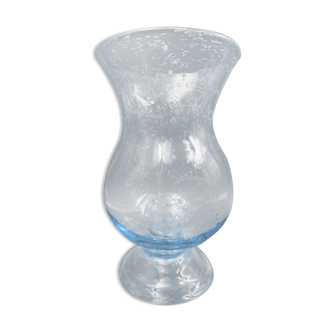 Candlestick or photophore in sky blue bulled glass, signed Biot