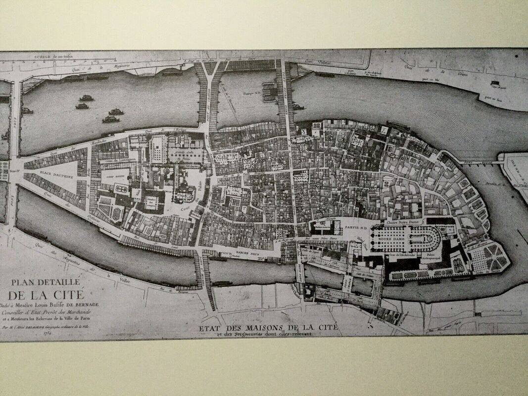 Historical map of the Ile de la Cité in Paris in 1754