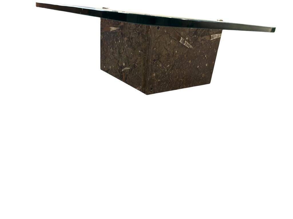 Vintage teardrop-shaped glass coffee table with stone base