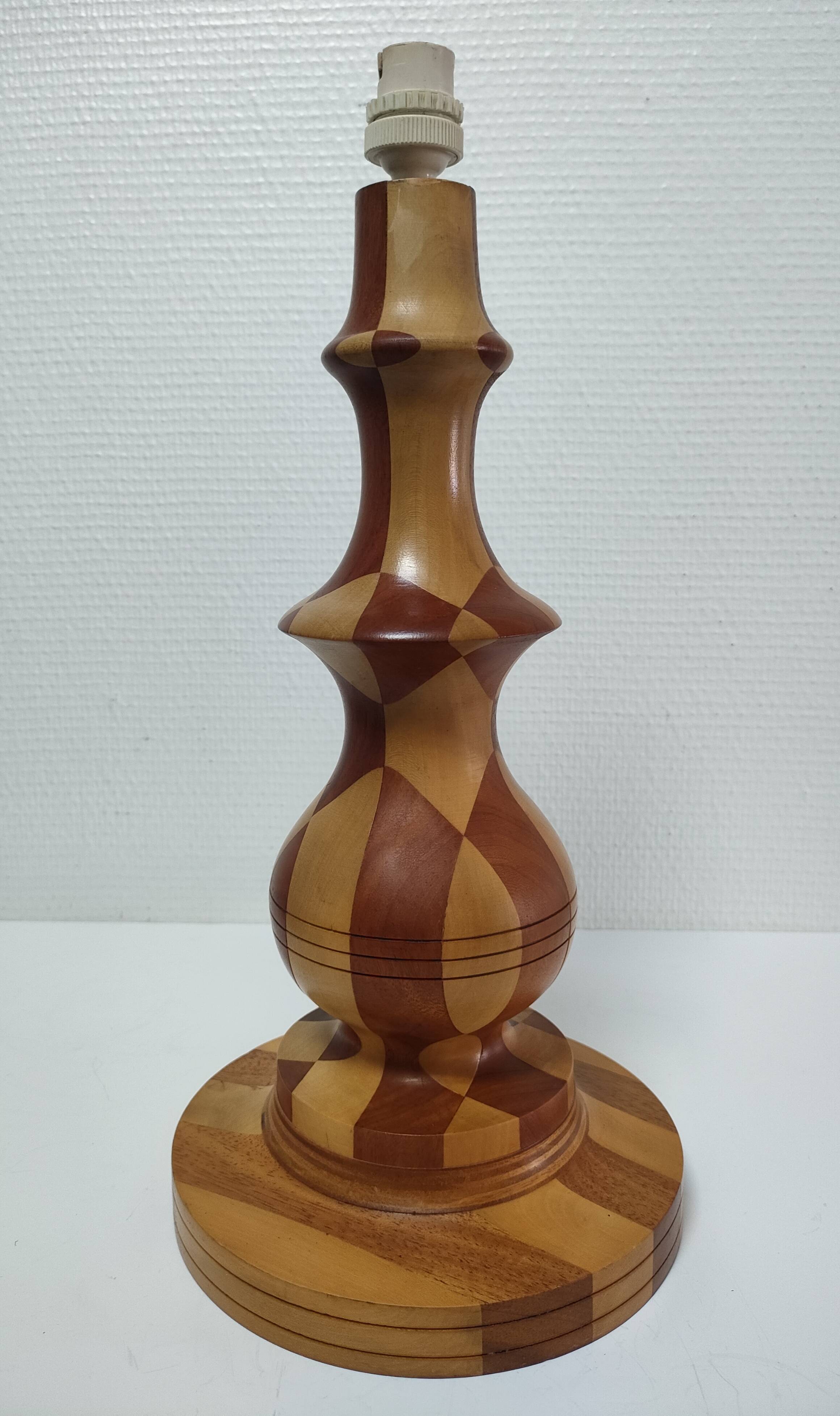 Turned wooden lamp and vintage wood inlay