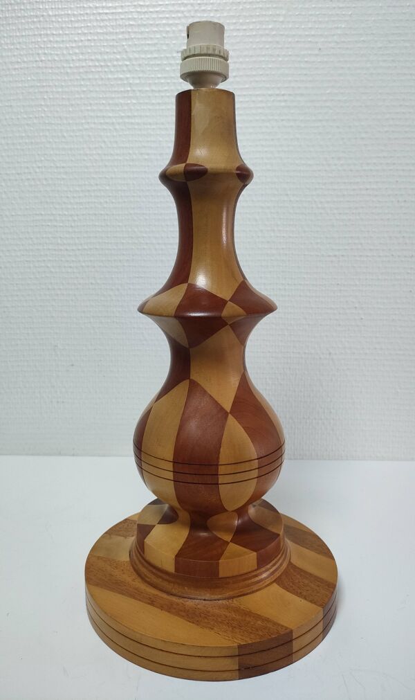 Lampe en bois tourné et incrustation de bois vintage