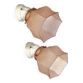 Pair of porcelain wall sconces and Art Deco pink glass tulip shades
