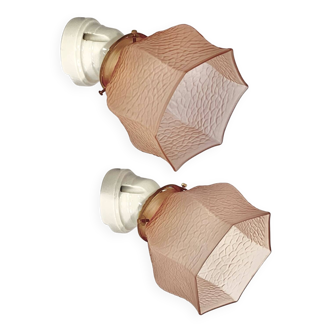Pair of porcelain wall sconces and Art Deco pink glass tulip shades
