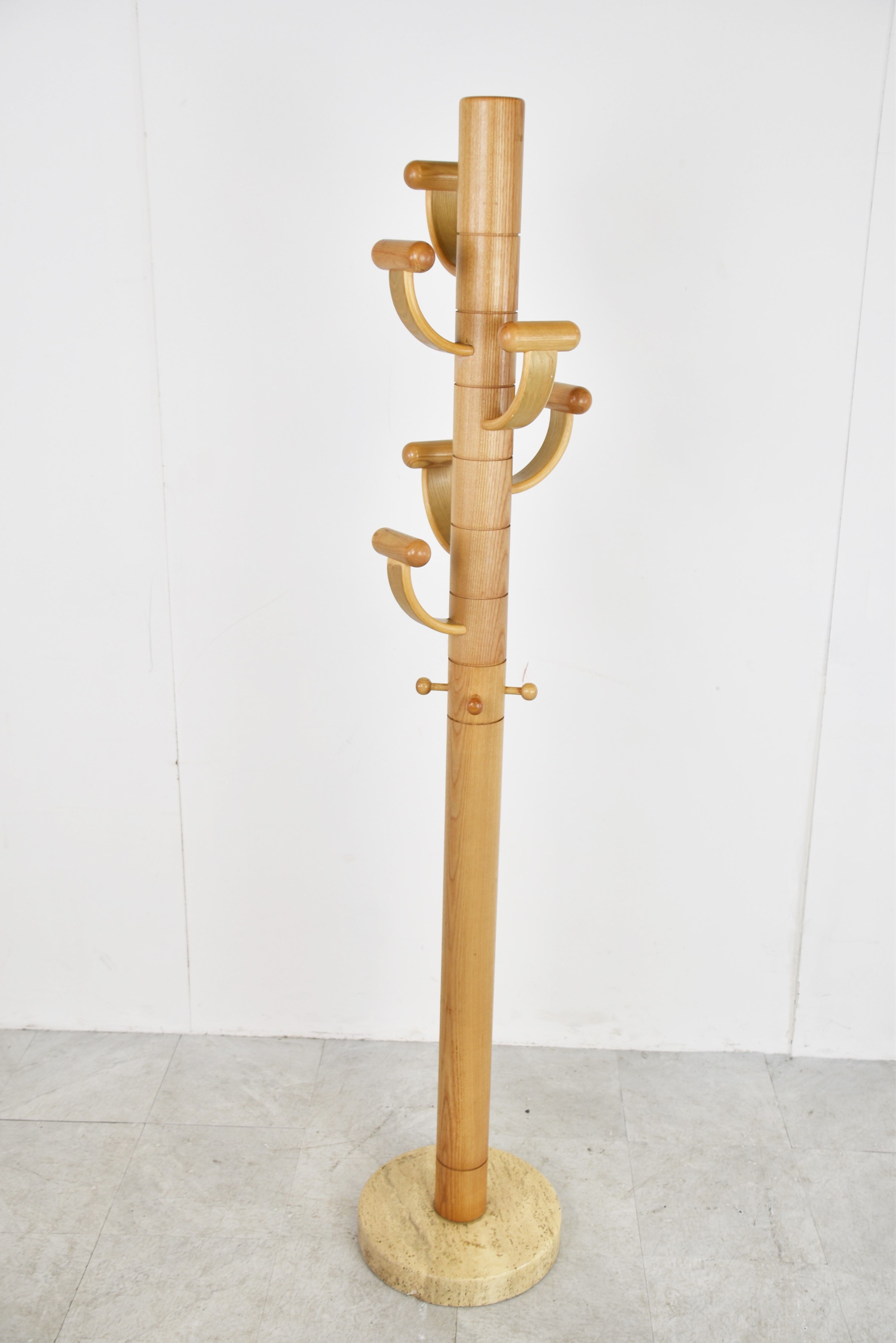 Modernist travertine and wood coat rack 1980s