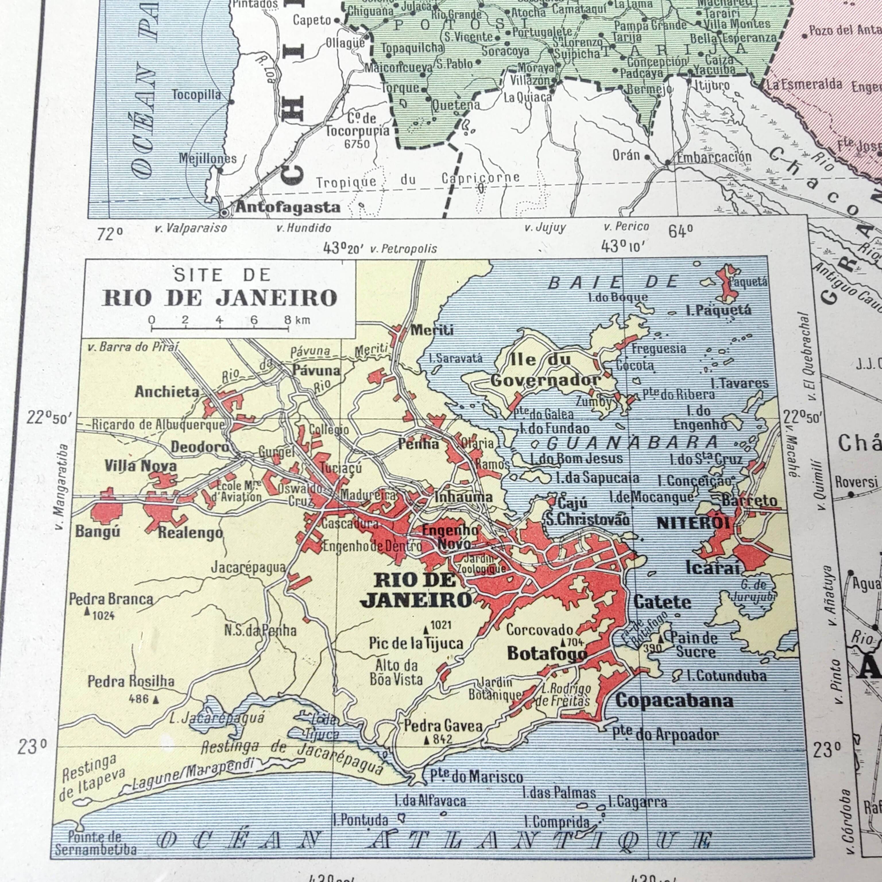 Old map of South America Brazil Bolivia Paraguay 43x43cm from 1950