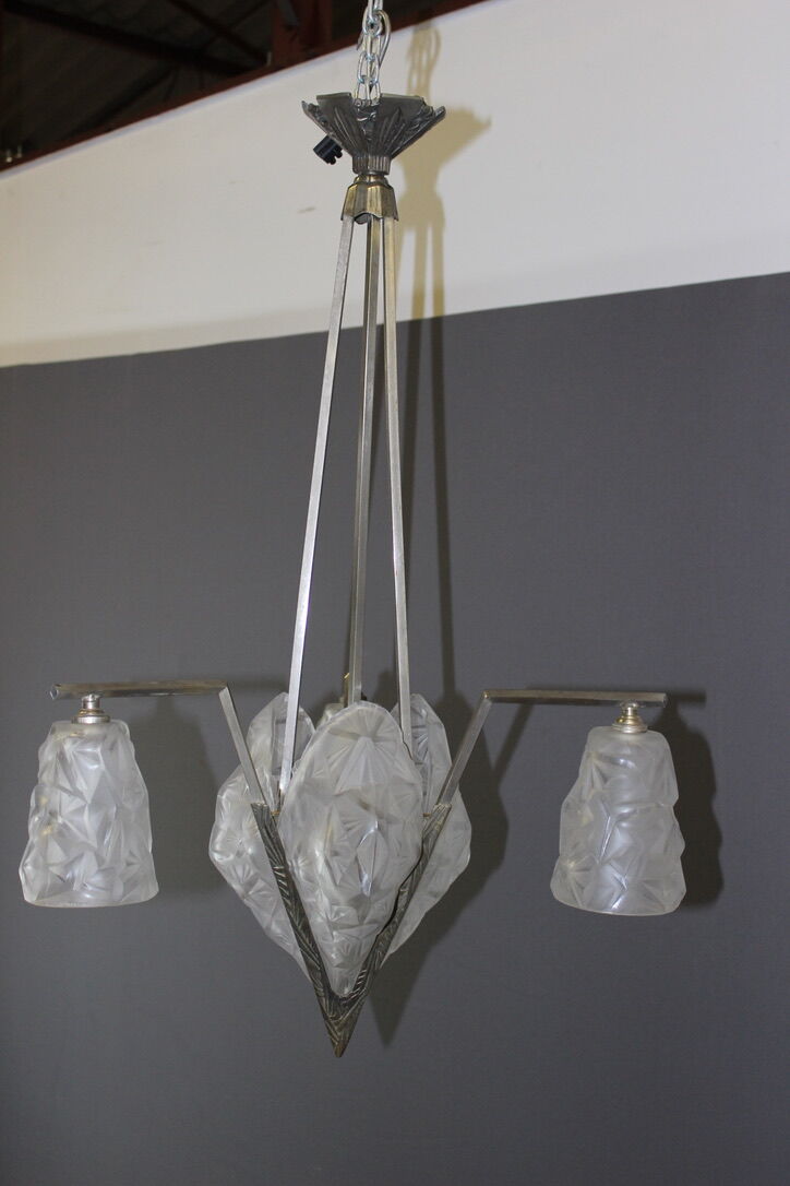 Art Deco period plate chandelier signed Degué