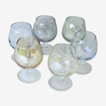 6 verres à pieds anciens digestif couleurs irisées - verres ballons