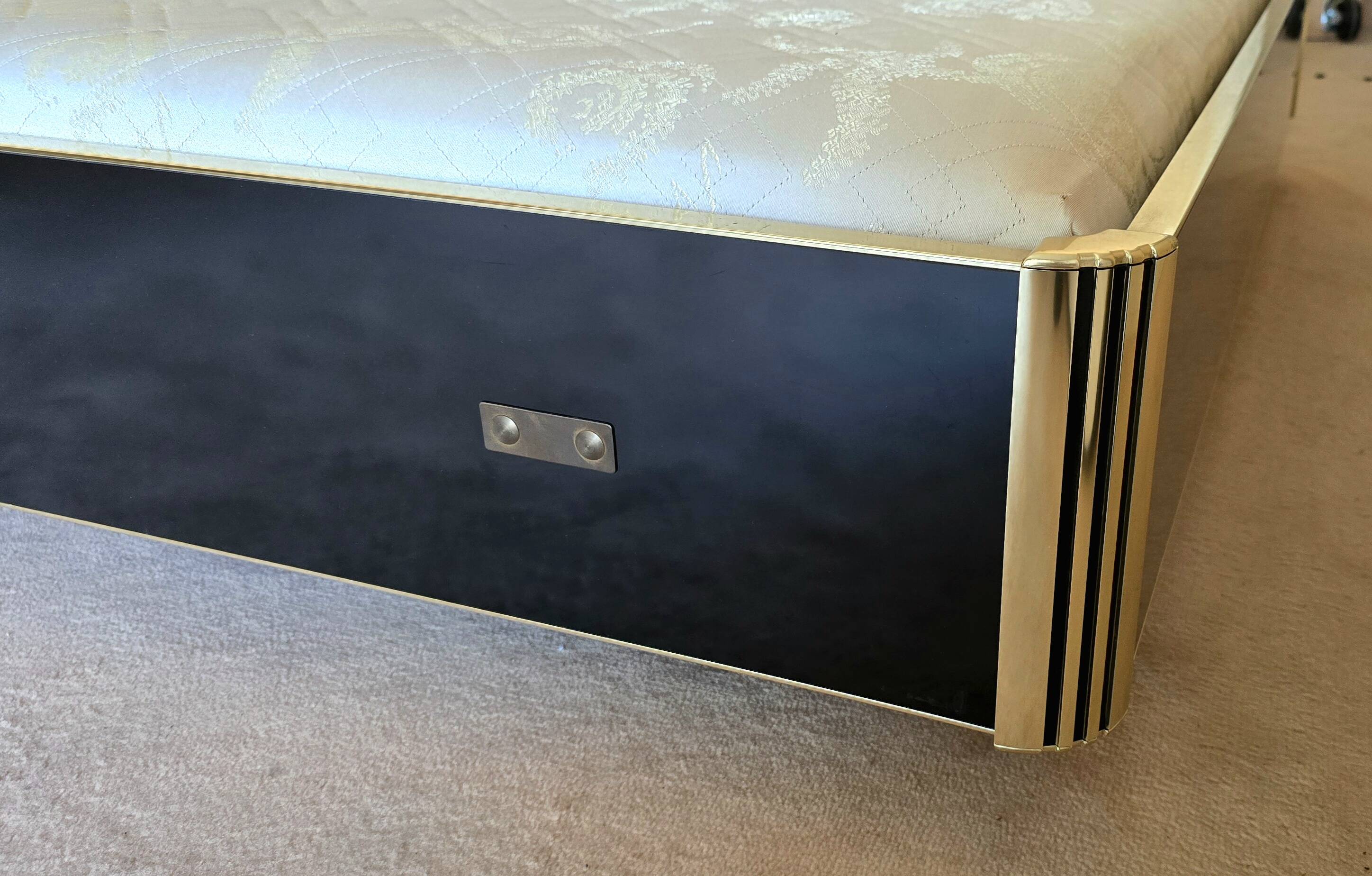 Black lacquered double bed with brass, Maison Roméo Paris, 1970s