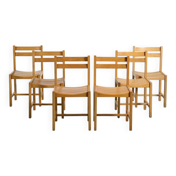 André Sornay suite de six chaises en hêtre, France 1960