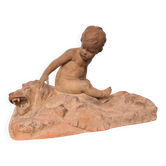 Sculpture "Putto on Lion Skin" in terracotta, Léon Dufrène, circa 1900 – France