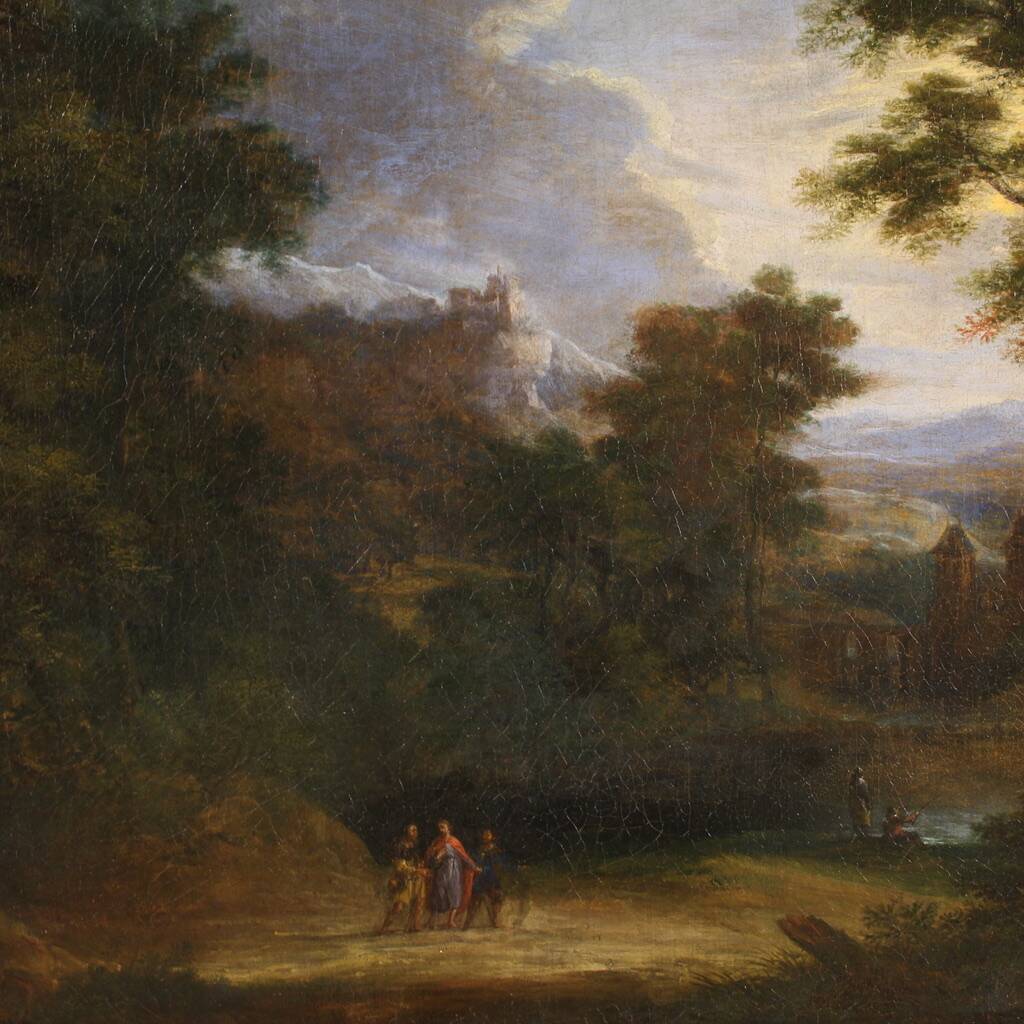 Flemish painting landscape with figures from the 17th century, the apparition of Jesus