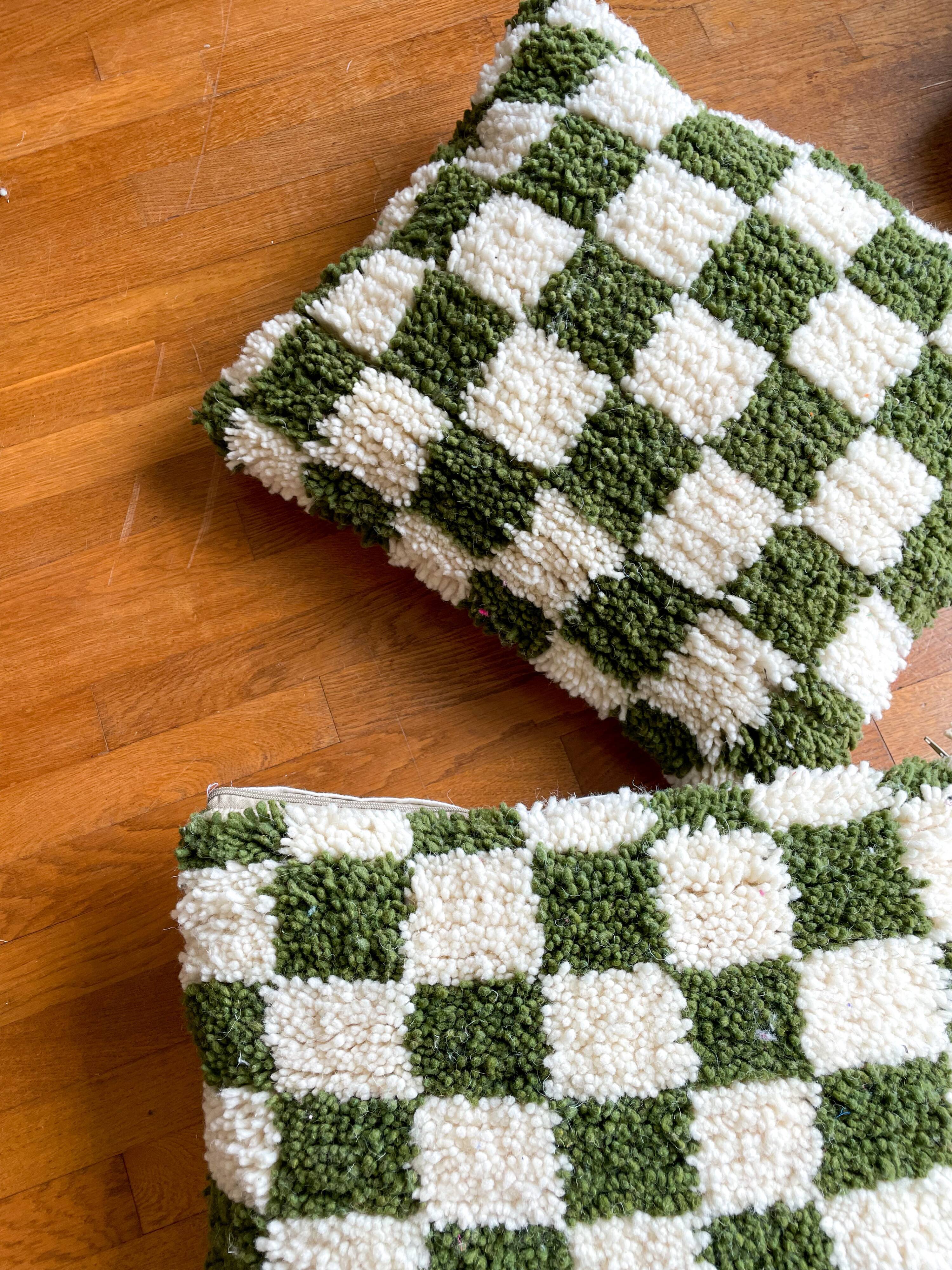 Khaki green and white checkered wool cushion