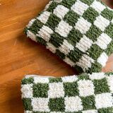 Khaki green and white checkered wool cushion